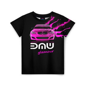 Детская футболка 3D с принтом BMW glamour в Петрозаводске, 100% гипоаллергенный полиэфир | прямой крой, круглый вырез горловины, длина до линии бедер, чуть спущенное плечо, ткань немного тянется | Тематика изображения на принте: bmw | m5 | pink | авто | автомобиль | бмв | гламур | машина | розовый | стиль | тачка | элита