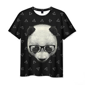 Мужская футболка 3D с принтом Умная панда в Петрозаводске, 100% полиэфир | прямой крой, круглый вырез горловины, длина до линии бедер | animal | bear | beast | hipster | panda | smart | животное | зверь | медведь | очки | панда | свэг | умный | хипстер