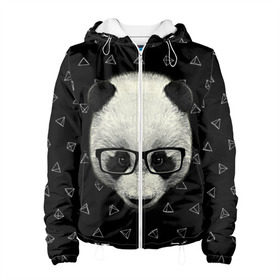 Женская куртка 3D с принтом Умная панда в Петрозаводске, ткань верха — 100% полиэстер, подклад — флис | прямой крой, подол и капюшон оформлены резинкой с фиксаторами, два кармана без застежек по бокам, один большой потайной карман на груди. Карман на груди застегивается на липучку | animal | bear | beast | hipster | panda | smart | животное | зверь | медведь | очки | панда | свэг | умный | хипстер
