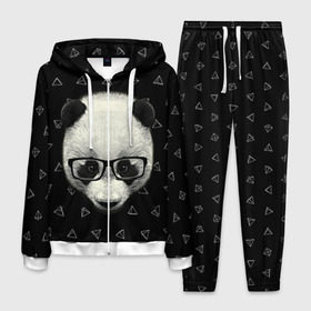 Мужской костюм 3D с принтом Умная панда в Петрозаводске, 100% полиэстер | Манжеты и пояс оформлены тканевой резинкой, двухслойный капюшон со шнурком для регулировки, карманы спереди | Тематика изображения на принте: animal | bear | beast | hipster | panda | smart | животное | зверь | медведь | очки | панда | свэг | умный | хипстер