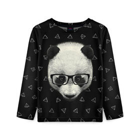 Детский лонгслив 3D с принтом Умная панда в Петрозаводске, 100% полиэстер | длинные рукава, круглый вырез горловины, полуприлегающий силуэт
 | Тематика изображения на принте: animal | bear | beast | hipster | panda | smart | животное | зверь | медведь | очки | панда | свэг | умный | хипстер
