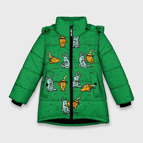 Зимняя куртка для девочек 3D с принтом Боевая морковь в Петрозаводске, ткань верха — 100% полиэстер; подклад — 100% полиэстер, утеплитель — 100% полиэстер. | длина ниже бедра, удлиненная спинка, воротник стойка и отстегивающийся капюшон. Есть боковые карманы с листочкой на кнопках, утяжки по низу изделия и внутренний карман на молнии. 

Предусмотрены светоотражающий принт на спинке, радужный светоотражающий элемент на пуллере молнии и на резинке для утяжки. | animal | beast | karate | nature | rabbit | vegan | битва | бой | веган | вегетарианец | животное | зайка | зайчик | заяц | зверь | карате | кролик | морковь | овощ | природа