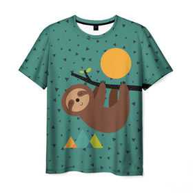 Мужская футболка 3D с принтом Довольный ленивец в Петрозаводске, 100% полиэфир | прямой крой, круглый вырез горловины, длина до линии бедер | animal | art | bear | beast | nature | sun | арт | животное | зверь | лето | медведь | мишка | природа | солнце