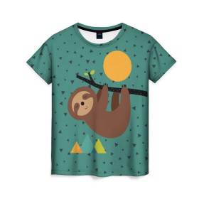 Женская футболка 3D с принтом Довольный ленивец в Петрозаводске, 100% полиэфир ( синтетическое хлопкоподобное полотно) | прямой крой, круглый вырез горловины, длина до линии бедер | animal | art | bear | beast | nature | sun | арт | животное | зверь | лето | медведь | мишка | природа | солнце