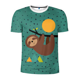 Мужская футболка 3D спортивная с принтом Довольный ленивец в Петрозаводске, 100% полиэстер с улучшенными характеристиками | приталенный силуэт, круглая горловина, широкие плечи, сужается к линии бедра | Тематика изображения на принте: animal | art | bear | beast | nature | sun | арт | животное | зверь | лето | медведь | мишка | природа | солнце