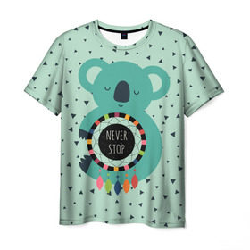 Мужская футболка 3D с принтом Мечтающая коала в Петрозаводске, 100% полиэфир | прямой крой, круглый вырез горловины, длина до линии бедер | animal | dream | hunter | koala | животное | зверь | коала | ловец снов | мечта