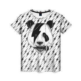 Женская футболка 3D с принтом Панда вокалист в Петрозаводске, 100% полиэфир ( синтетическое хлопкоподобное полотно) | прямой крой, круглый вырез горловины, длина до линии бедер | animal | bear | beast | metal | music | nature | panda | rock | sound | vocal | вокал | животное | зверь | звук | медведь | меломан | метал | мишка | музыка | панда | природа | рок