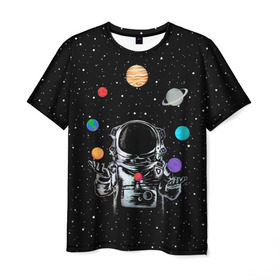 Мужская футболка 3D с принтом Космический жонглер в Петрозаводске, 100% полиэфир | прямой крой, круглый вырез горловины, длина до линии бедер | astronaut | cosmonaut | cosmos | galaxy | planet | space | star | universe | астронавт | вселенная | галактика | звезды | земля | космонавт | космос | луна | марс | планета | сатурн | уран
