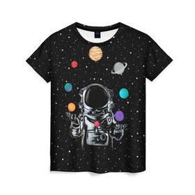Женская футболка 3D с принтом Космический жонглер в Петрозаводске, 100% полиэфир ( синтетическое хлопкоподобное полотно) | прямой крой, круглый вырез горловины, длина до линии бедер | astronaut | cosmonaut | cosmos | galaxy | planet | space | star | universe | астронавт | вселенная | галактика | звезды | земля | космонавт | космос | луна | марс | планета | сатурн | уран