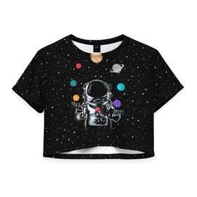 Женская футболка 3D укороченная с принтом Космический жонглер в Петрозаводске, 100% полиэстер | круглая горловина, длина футболки до линии талии, рукава с отворотами | Тематика изображения на принте: astronaut | cosmonaut | cosmos | galaxy | planet | space | star | universe | астронавт | вселенная | галактика | звезды | земля | космонавт | космос | луна | марс | планета | сатурн | уран