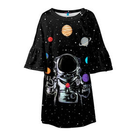 Детское платье 3D с принтом Космический жонглер в Петрозаводске, 100% полиэстер | прямой силуэт, чуть расширенный к низу. Круглая горловина, на рукавах — воланы | astronaut | cosmonaut | cosmos | galaxy | planet | space | star | universe | астронавт | вселенная | галактика | звезды | земля | космонавт | космос | луна | марс | планета | сатурн | уран