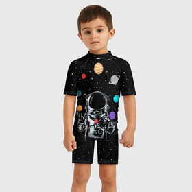 Детский купальный костюм 3D с принтом Космический жонглер в Петрозаводске, Полиэстер 85%, Спандекс 15% | застежка на молнии на спине | astronaut | cosmonaut | cosmos | galaxy | planet | space | star | universe | астронавт | вселенная | галактика | звезды | земля | космонавт | космос | луна | марс | планета | сатурн | уран