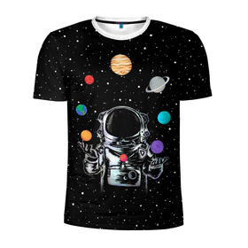 Мужская футболка 3D спортивная с принтом Космический жонглер в Петрозаводске, 100% полиэстер с улучшенными характеристиками | приталенный силуэт, круглая горловина, широкие плечи, сужается к линии бедра | astronaut | cosmonaut | cosmos | galaxy | planet | space | star | universe | астронавт | вселенная | галактика | звезды | земля | космонавт | космос | луна | марс | планета | сатурн | уран