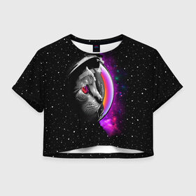 Женская футболка 3D укороченная с принтом Космический кот в Петрозаводске, 100% полиэстер | круглая горловина, длина футболки до линии талии, рукава с отворотами | astronaut | cat | cosmonaut | cosmos | galaxy | kitty | space | universe | астронавт | вселенная | галактика | звезды | космонавт | космос | кот | котик | кошка