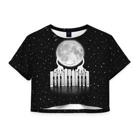 Женская футболка 3D укороченная с принтом Лунная мелодия в Петрозаводске, 100% полиэстер | круглая горловина, длина футболки до линии талии, рукава с отворотами | astronaut | cosmonaut | cosmos | galaxy | meteor | moon | planet | space | universe | астронавт | вселенная | галактика | звезды | космонавт | космос | луна | мелодия | музыка | ноты