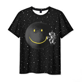 Мужская футболка 3D с принтом Лунная улыбка в Петрозаводске, 100% полиэфир | прямой крой, круглый вырез горловины, длина до линии бедер | astronaut | cosmonaut | cosmos | galaxy | meteor | moon | planet | smile | space | universe | астронавт | вселенная | галактика | звезды | космонавт | космос | луна | смайл | улыбка