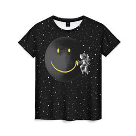 Женская футболка 3D с принтом Лунная улыбка в Петрозаводске, 100% полиэфир ( синтетическое хлопкоподобное полотно) | прямой крой, круглый вырез горловины, длина до линии бедер | astronaut | cosmonaut | cosmos | galaxy | meteor | moon | planet | smile | space | universe | астронавт | вселенная | галактика | звезды | космонавт | космос | луна | смайл | улыбка