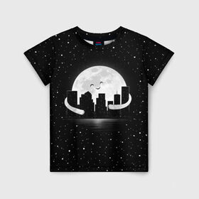 Детская футболка 3D с принтом Лунные объятия в Петрозаводске, 100% гипоаллергенный полиэфир | прямой крой, круглый вырез горловины, длина до линии бедер, чуть спущенное плечо, ткань немного тянется | astronaut | city | cosmonaut | cosmos | galaxy | moon | planet | smile | space | universe | астронавт | вселенная | галактика | город | звезды | космонавт | космос | луна | смайл | улыбка