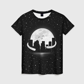 Женская футболка 3D с принтом Лунные объятия в Петрозаводске, 100% полиэфир ( синтетическое хлопкоподобное полотно) | прямой крой, круглый вырез горловины, длина до линии бедер | astronaut | city | cosmonaut | cosmos | galaxy | moon | planet | smile | space | universe | астронавт | вселенная | галактика | город | звезды | космонавт | космос | луна | смайл | улыбка