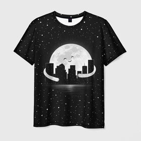 Мужская футболка 3D с принтом Лунные объятия в Петрозаводске, 100% полиэфир | прямой крой, круглый вырез горловины, длина до линии бедер | astronaut | city | cosmonaut | cosmos | galaxy | moon | planet | smile | space | universe | астронавт | вселенная | галактика | город | звезды | космонавт | космос | луна | смайл | улыбка