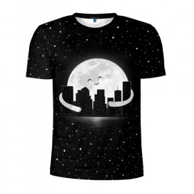 Мужская футболка 3D спортивная с принтом Лунные объятия в Петрозаводске, 100% полиэстер с улучшенными характеристиками | приталенный силуэт, круглая горловина, широкие плечи, сужается к линии бедра | astronaut | city | cosmonaut | cosmos | galaxy | moon | planet | smile | space | universe | астронавт | вселенная | галактика | город | звезды | космонавт | космос | луна | смайл | улыбка