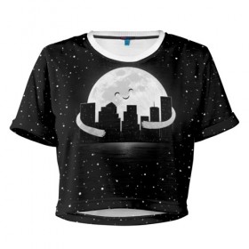 Женская футболка 3D укороченная с принтом Лунные объятия в Петрозаводске, 100% полиэстер | круглая горловина, длина футболки до линии талии, рукава с отворотами | astronaut | city | cosmonaut | cosmos | galaxy | moon | planet | smile | space | universe | астронавт | вселенная | галактика | город | звезды | космонавт | космос | луна | смайл | улыбка