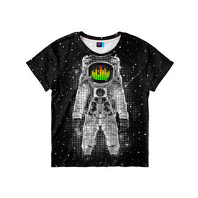 Детская футболка 3D с принтом Музыкальный космонавт в Петрозаводске, 100% гипоаллергенный полиэфир | прямой крой, круглый вырез горловины, длина до линии бедер, чуть спущенное плечо, ткань немного тянется | astronaut | cosmonaut | dj | eqializer | galaxy | moon | music | planet | space | star | universe | астронавт | вселенная | галактика | диджей | космонавт | космос | музыка | эквалайзер