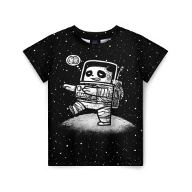 Детская футболка 3D с принтом Панда лунатик в Петрозаводске, 100% гипоаллергенный полиэфир | прямой крой, круглый вырез горловины, длина до линии бедер, чуть спущенное плечо, ткань немного тянется | astronaut | cosmonaut | cosmos | galaxy | gravity | moon | planet | space | star | universe | астронавт | вселенная | галактика | звезды | космонавт | космос | луна | лунатик