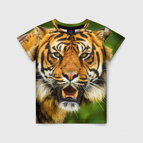 Детская футболка 3D с принтом Тигр в Петрозаводске, 100% гипоаллергенный полиэфир | прямой крой, круглый вырез горловины, длина до линии бедер, чуть спущенное плечо, ткань немного тянется | дикая кошка | животное | клыки | лев | тигр. tiger | хищник