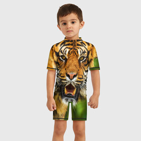 Детский купальный костюм 3D с принтом Тигр в Петрозаводске, Полиэстер 85%, Спандекс 15% | застежка на молнии на спине | дикая кошка | животное | клыки | лев | тигр. tiger | хищник