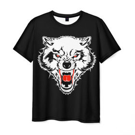 Мужская футболка 3D с принтом Волк в Петрозаводске, 100% полиэфир | прямой крой, круглый вырез горловины, длина до линии бедер | animal | background | black | eyes | fangs | head | predator | red | teeth | white | wolf | белый | волк | глаза | голова | животное | зверь | клыки | красные | оскал | фон | хищник | черный
