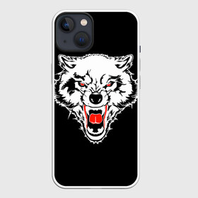 Чехол для iPhone 13 с принтом Волк в Петрозаводске,  |  | animal | background | black | eyes | fangs | head | predator | red | teeth | white | wolf | белый | волк | глаза | голова | животное | зверь | клыки | красные | оскал | фон | хищник | черный