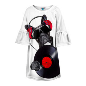 Детское платье 3D с принтом DJ бульдог в Петрозаводске, 100% полиэстер | прямой силуэт, чуть расширенный к низу. Круглая горловина, на рукавах — воланы | Тематика изображения на принте: бульдог | винил | диджей | музыка | наушники | очки | пёс | пластинка | собака | юмор