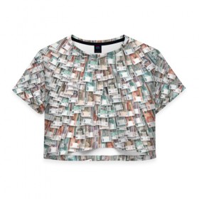 Женская футболка 3D укороченная с принтом Российские деньги в Петрозаводске, 100% полиэстер | круглая горловина, длина футболки до линии талии, рукава с отворотами | бабки | бабло | банк | банкнота | богатство | бумажный | купюры | куча | рубль