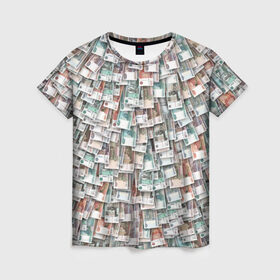 Женская футболка 3D с принтом Российские деньги в Петрозаводске, 100% полиэфир ( синтетическое хлопкоподобное полотно) | прямой крой, круглый вырез горловины, длина до линии бедер | бабки | бабло | банк | банкнота | богатство | бумажный | купюры | куча | рубль