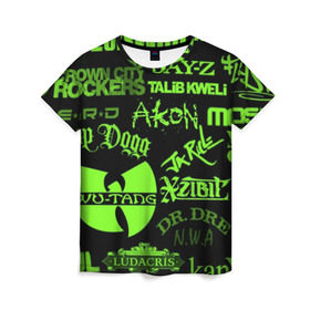 Женская футболка 3D с принтом Hip-Hop в Петрозаводске, 100% полиэфир ( синтетическое хлопкоподобное полотно) | прямой крой, круглый вырез горловины, длина до линии бедер | akon | eminem | hip hop | snoop dogg | wu tang | xzibit | хип хоп | эминем