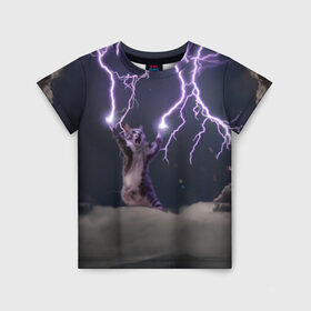 Детская футболка 3D с принтом Грозовой кошак в Петрозаводске, 100% гипоаллергенный полиэфир | прямой крой, круглый вырез горловины, длина до линии бедер, чуть спущенное плечо, ткань немного тянется | Тематика изображения на принте: lightning cat