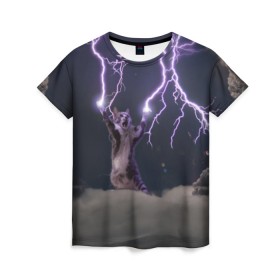 Женская футболка 3D с принтом Грозовой кошак в Петрозаводске, 100% полиэфир ( синтетическое хлопкоподобное полотно) | прямой крой, круглый вырез горловины, длина до линии бедер | Тематика изображения на принте: lightning cat