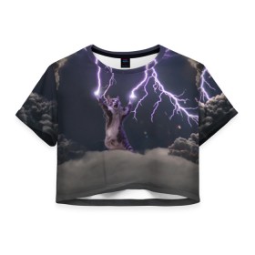 Женская футболка 3D укороченная с принтом Грозовой кошак в Петрозаводске, 100% полиэстер | круглая горловина, длина футболки до линии талии, рукава с отворотами | Тематика изображения на принте: lightning cat