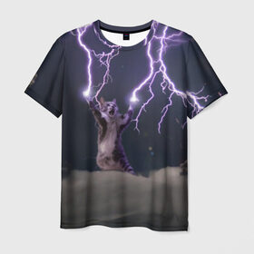 Мужская футболка 3D с принтом Грозовой кошак в Петрозаводске, 100% полиэфир | прямой крой, круглый вырез горловины, длина до линии бедер | lightning cat
