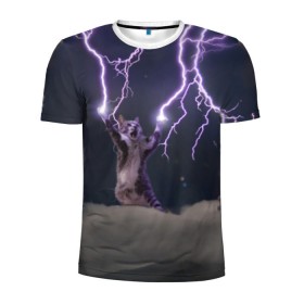 Мужская футболка 3D спортивная с принтом Грозовой кошак в Петрозаводске, 100% полиэстер с улучшенными характеристиками | приталенный силуэт, круглая горловина, широкие плечи, сужается к линии бедра | lightning cat