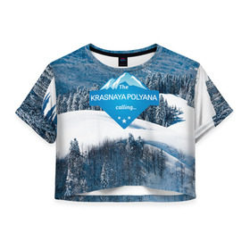 Женская футболка 3D укороченная с принтом Красная поляна в Петрозаводске, 100% полиэстер | круглая горловина, длина футболки до линии талии, рукава с отворотами | горнолыжный курорт | горы | зима | красная поляна | лыжи | парк | роза хуторов | снег | сноутборд | сочи