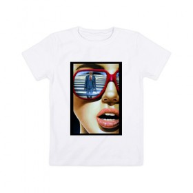 Детская футболка хлопок с принтом Девушка в очках в Петрозаводске, 100% хлопок | круглый вырез горловины, полуприлегающий силуэт, длина до линии бедер | губы | зеркало | костюм | очки