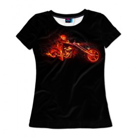 Женская футболка 3D с принтом Огненный байкер в Петрозаводске, 100% полиэфир ( синтетическое хлопкоподобное полотно) | прямой крой, круглый вырез горловины, длина до линии бедер | 