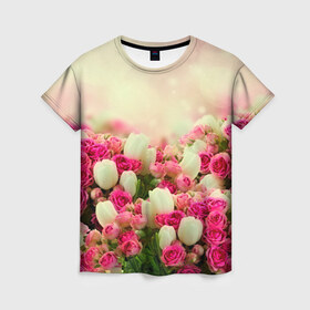 Женская футболка 3D с принтом Цветы в Петрозаводске, 100% полиэфир ( синтетическое хлопкоподобное полотно) | прямой крой, круглый вырез горловины, длина до линии бедер | Тематика изображения на принте: розовый | розы | цветы | яркий