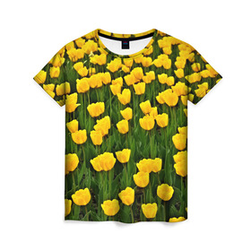 Женская футболка 3D с принтом Жёлтые тюльпаны в Петрозаводске, 100% полиэфир ( синтетическое хлопкоподобное полотно) | прямой крой, круглый вырез горловины, длина до линии бедер | поле | цветы | яркий