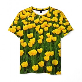 Мужская футболка 3D с принтом Жёлтые тюльпаны в Петрозаводске, 100% полиэфир | прямой крой, круглый вырез горловины, длина до линии бедер | Тематика изображения на принте: поле | цветы | яркий