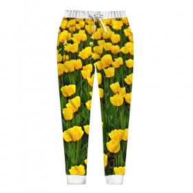 Женские брюки 3D с принтом Жёлтые тюльпаны в Петрозаводске, полиэстер 100% | прямой крой, два кармана без застежек по бокам, с мягкой трикотажной резинкой на поясе и по низу штанин. В поясе для дополнительного комфорта — широкие завязки | поле | цветы | яркий