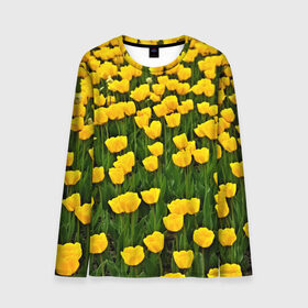 Мужской лонгслив 3D с принтом Жёлтые тюльпаны в Петрозаводске, 100% полиэстер | длинные рукава, круглый вырез горловины, полуприлегающий силуэт | поле | цветы | яркий