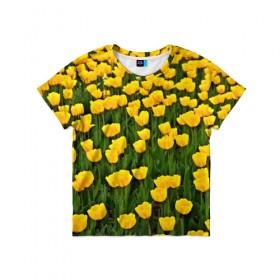 Детская футболка 3D с принтом Жёлтые тюльпаны в Петрозаводске, 100% гипоаллергенный полиэфир | прямой крой, круглый вырез горловины, длина до линии бедер, чуть спущенное плечо, ткань немного тянется | поле | цветы | яркий